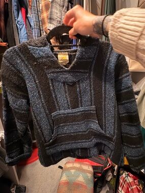 Vintage Black & Blue Striped Baja Hoodie Sweater (small)